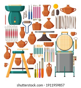 Set of pottery tools and equipments. Collection of clay dishes. Muffle furnace and pottery wheel.