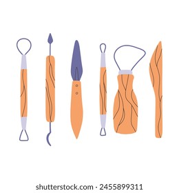 Set of pottery tools in flat style. Collection of tools for clay in hand drawn style. Vector illustration.