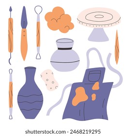 Set of pottery tools in flat style. Collection of tools for clay in hand drawn style. Vector illustration.