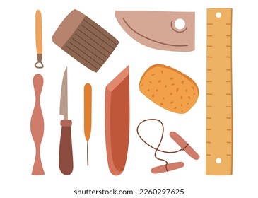 Set of pottery tools for making crafted crockery. Potters intruments vector collection on white