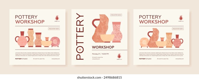 Conjunto de Plantilla de diseño de Anuncio cuadrado de Web de Vector publicitario de taller de cerámica. Cerámica hecha a mano, ilustración plana de vajilla de arcilla. Lección de cerámica, estudio de cerámica, diseño de invitación de clase maestra de hobby