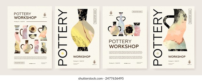 Set of pottery workshop advertising vectot poster design template. Hand made ceramics, clay crockery flat illustration. Pottery lesson, ceramic studio, hobby master class invitation layout