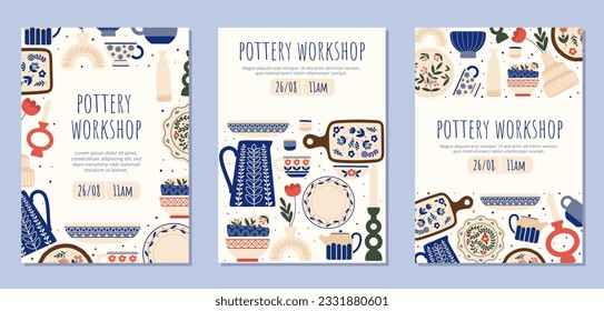 Set of pottery workshop flyers. Dishes with traditional abstract patterns. Cutting board, plates and vases. Cup or mug with teapot. Cartoon flat vector collection isolated on grey background