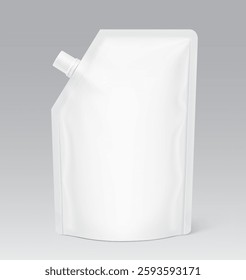 Set of pouch up bag mockup with corner spout. Vector illustration isolated on grey background. Front view. Can be use for template your design, presentation, promo, ad. EPS10.