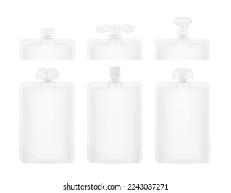 Set of pouch bags with different center caps mockup. Front view. Vector illustration isolated on white background. It's easy to choose for your product. EPS10. svg