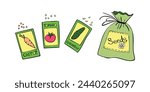 Set pouch of seeds. Vector hand drawn colorful illustration, clip art in doodle flat style. Theme of gardening farming agriculture