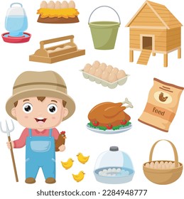 Set of poultry farm cartoon elements