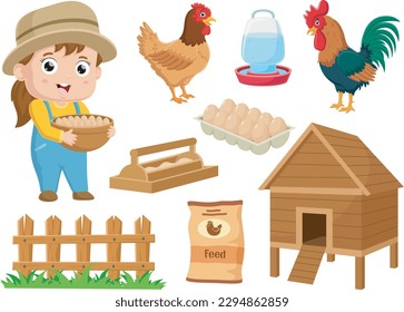 Set of poultry farm cartoon elements