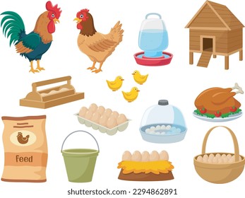 Set of poultry farm cartoon elements