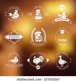 Set of poultry farm logo, emblem. Chicken, turkey, goose, duck.