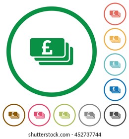 Set of Pound banknotes color round outlined flat icons on white background