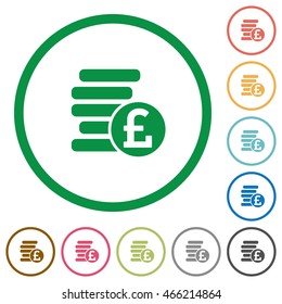 Set of Pound coins color round outlined flat icons on white background