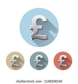 Set of Pound currency symbol on colored circle flat icons, isolated on white. Sign monetary unit. Financial, business and investment concept. Vector illustration