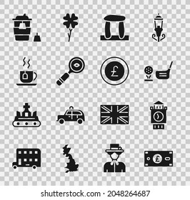 Set Pound sterling money, Big Ben tower, Golf club with ball tee, Stonehenge, Magnifying glass, Cup of tea tea bag, Coffee cup go and Coin pound icon. Vector
