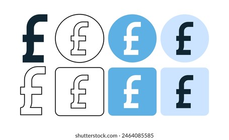 set of pounds sign icon symbol, British pounds icon, flat and stroke line editable	