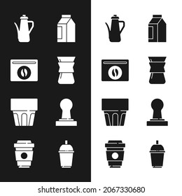 Set Pour over coffee maker, Bag beans, Teapot, Glass with water, Coffee tamper, cup to go and  icon. Vector
