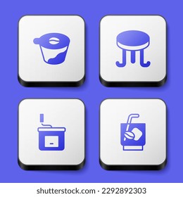 Set Pour over coffee maker, Coffee table, Manual grinder and Espresso tonic icon. White square button. Vector