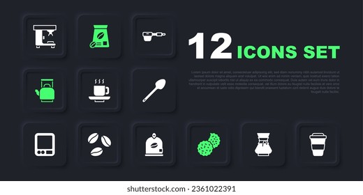 Set Pour over coffee maker, Coffee cup to go, Cookie or biscuit, Kettle with handle, beans, Bag and  icon. Vector