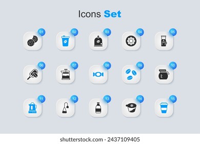 Set Pour over coffee maker, French press, Coffee cup to go, Electric kettle, pot, Cookie or biscuit and Candy icon. Vector