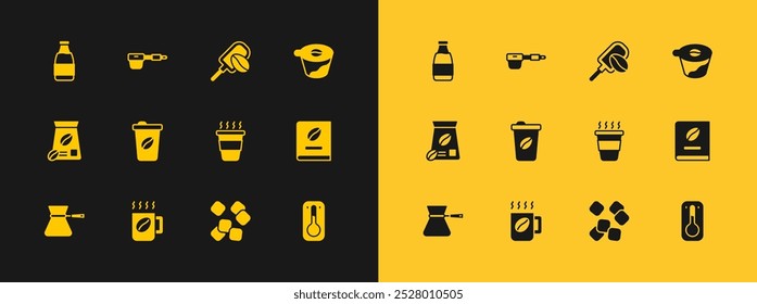 Set Pour over coffee maker, Coffee cup, to go, Sugar cubes, Spatula with grain, Milk bottle and filter holder icon. Vector