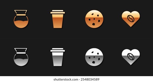 Set Pour over coffee maker, Coffee cup to go, Cookie or biscuit and Lovers icon. Vector