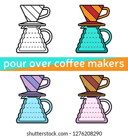 Set of pour over coffee makers for alternative brewing. Editable vector icons. Bright colors.