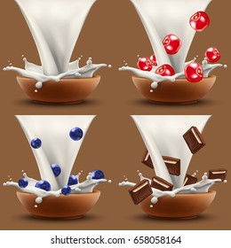 Set of pouring milk and big splash with falling cherry, blueberry and chopped chocolate vector realistic illustration