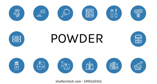 Set of powder icons such as Blushing, Powder, Nasal aspirator, Beauty, Mascara, Aromatic, Salty, Perfume, Salt and pepper, Makeup, Herb, Instant coffee , powder