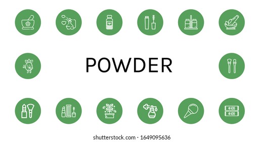 Set of powder icons. Such as Herbs, Perfume, Spices, Mascara, Salt and pepper, Herb, Makeup, Nasal aspirator, Instant coffee, Blushing, Makeup brushes , powder icons