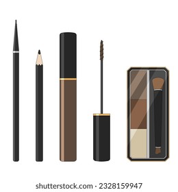 Set of powder, pencil-type eyebrow, and eyebrow mascara, vector illustration.