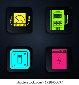 Ajuste banco de energía, medidor de Ampere, multímetro, voltímetro, interruptor de luz eléctrica y panel eléctrico. Botón cuadrado negro. Vector