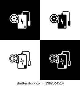 Set Power bank with charge cable and gear icons isolated on black and white background. Adjusting app, service concept, setting options, maintenance, repair. Vector Illustration
