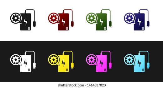 Set Power bank with charge cable and gear icon isolated on black and white background. Adjusting app, service concept, setting options, maintenance, repair. Vector Illustration