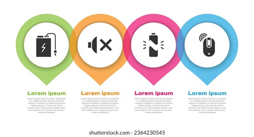 Set Power bank with charge cable, Speaker mute, Broken battery and Wireless computer mouse. Business infographic template. Vector