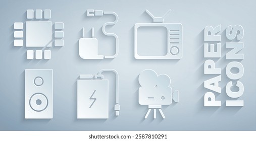 Set Power bank with charge cable, Retro tv, Stereo speaker, cinema camera, Charger and Processor microcircuits CPU icon. Vector