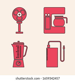 Set Power bank with different charge cable , Electric fan , Coffee machine with glass pot  and Blender  icon. Vector