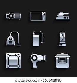 Set Power bank with different charge cable, Hair dryer, Slow cooker, Blender, Bathroom scales, Vacuum cleaner, Electric iron and  icon. Vector