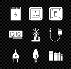 Set Power Bank, Electrical Outlet, Light Switch, Plug, Light Bulb, Battery,  And Wind Turbine Icon. Vector
