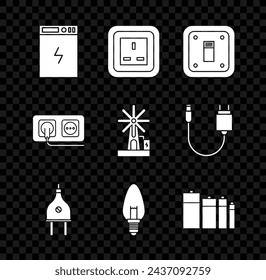 Set Power bank, Electrical outlet, light switch, plug, Light bulb, Battery,  and Wind turbine icon. Vector