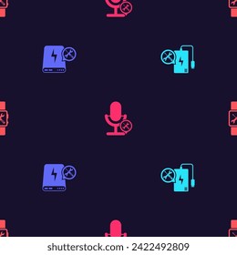 Set Power bank service, , Microphone and Smartwatch on seamless pattern. Vector