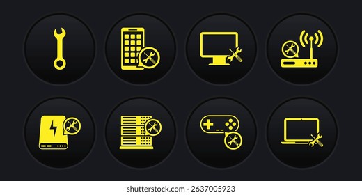 Set Power bank service, Router wi-fi, Database server, Gamepad, Computer monitor, Mobile Apps, Laptop and Wrench icon. Vector