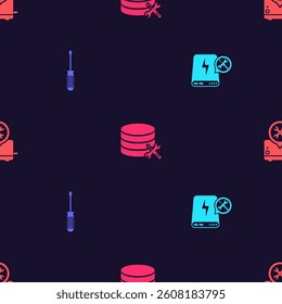 Set Power bank service, Screwdriver, Database server and Toaster on seamless pattern. Vector