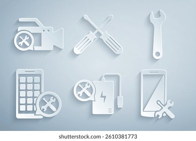 Set Power bank service, Wrench, Mobile Apps, Smartphone, Crossed screwdrivers and Video camera icon. Vector