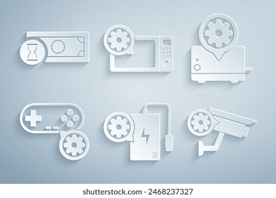 Set Power bank setting, Toaster, Gamepad, Security camera, Microwave oven and Fast payments icon. Vector