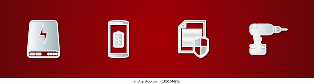 Set Power bank, Smartphone battery charge, Document protection and Drill machine icon. Vector.