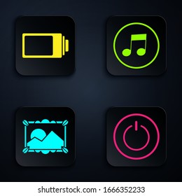 Set Power button, Battery charge level indicator, Picture landscape and Music note, tone. Black square button. Vector