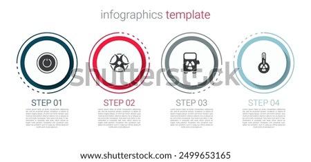 Set Power button, Biohazard symbol, Electric car charging station and Meteorology thermometer. Business infographic template. Vector