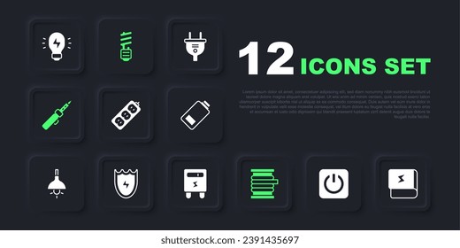 Set Power button, Book about electricity, Electric extension, Wire cable reel, Soldering iron, Lightning and shield, LED light bulb and meter icon. Vector