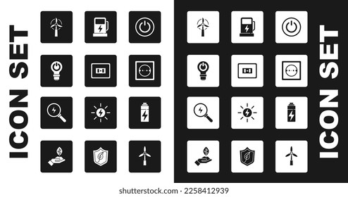 Botón de encendido, toma eléctrica, bombilla de luz con relámpago, turbina eólica, estación de carga del coche, batería e icono de perno Lightning. Vector