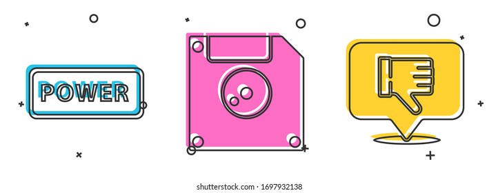 Set Power button, Floppy disk for computer data storage and Dislike in speech bubble icon. Vector